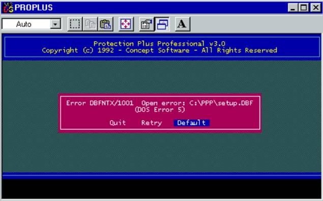 Screenshot of error message from Protection PLUS Professional showing copyright 1992.