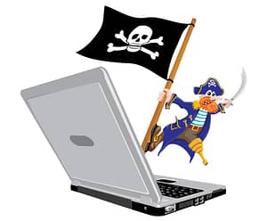 Laptop computer with pirate coming out of the screen, holding pirate flag.