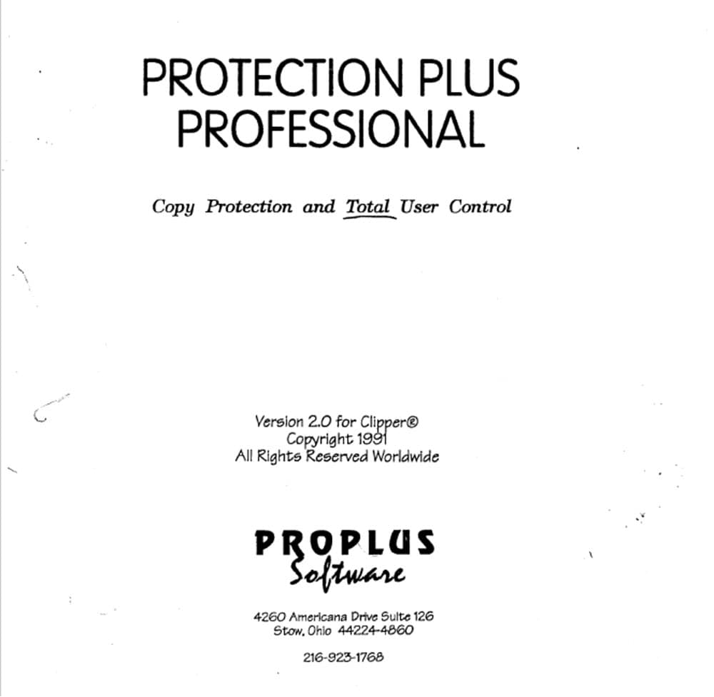 protection-plus-pro-screenshot-copyright-1992 Cover page of Protection PLUS Professional user manual, copyright 1991