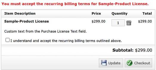 recurring billing terms Accept Terms in shopping cart