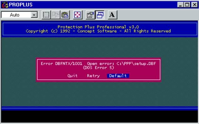 protection-plus-pro-application-screenshot Screenshot of error message from Protection PLUS Professional showing copyright 1992.